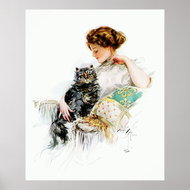 Póster Harrison Fisher: Mujer con gato (Frente)