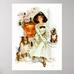 Póster Harrison Fisher: Mujer con tres perros