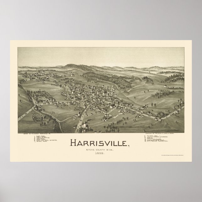 Póster Harrisville, Mapa Panorámico de WV - 1899 (Frente)