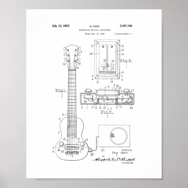 Póster Hart Electric Guitar Pickup Patent (Frente)