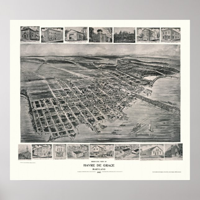 Póster Harve de Grace, Mapa Panorámico MD - 1907 (Frente)