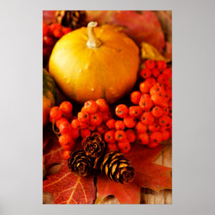 Póster Harvested pumpkins with fall leaves 2