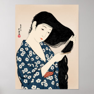 Póster Hashiguchi Goyo - Mujer de azul que se peina el pe