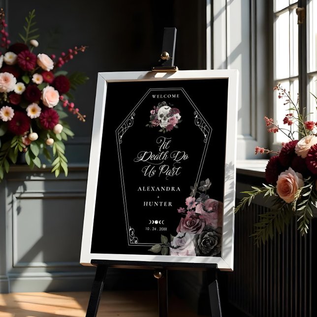 Póster Hasta la muerte nos dividen Halloween Cráneo flora (Til Death Do Us Part Halloween Gothic Floral Skull Poster)