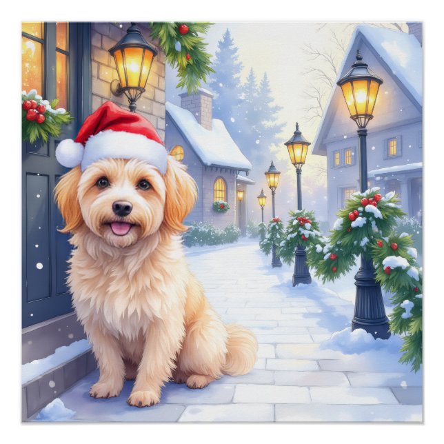 Póster Havanese Snowy Village Walk Santa Hat Christmas (Anverso)