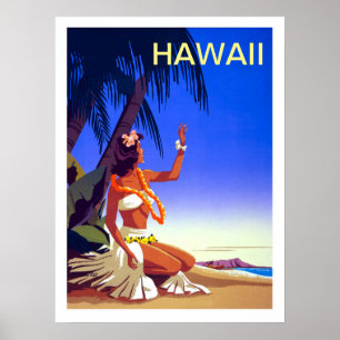 Póster Hawái, chica en isla tropical, cartel de viaje vin