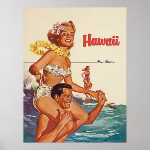 Póster Hawái, feliz pareja de surfistas, viaje vintage