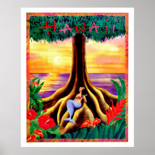 Póster Hawái, isla tropical, sirena bajo un árbol grande