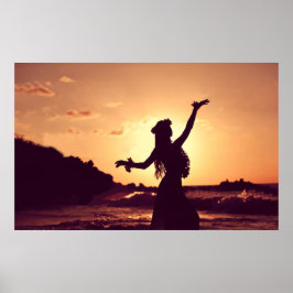 Póster Hawái, silueta de chica hula al atardecer, foto