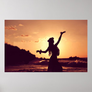 Póster Hawái, silueta de chica hula al atardecer, foto