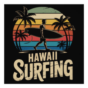 Póster Hawái Surf Retro - Surfista de Playa de la Puesta