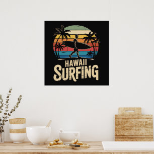 Póster Hawái Surf Retro - Surfista de Playa de la Puesta 