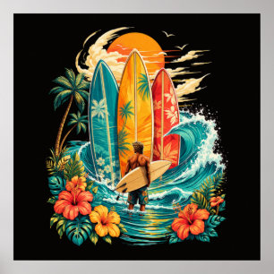 Póster Hawái Tabla De Surf Ola Playa Surfista Vintage