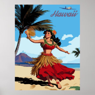 Póster Hawaii, Chica bailando Hula en la playa, viajes