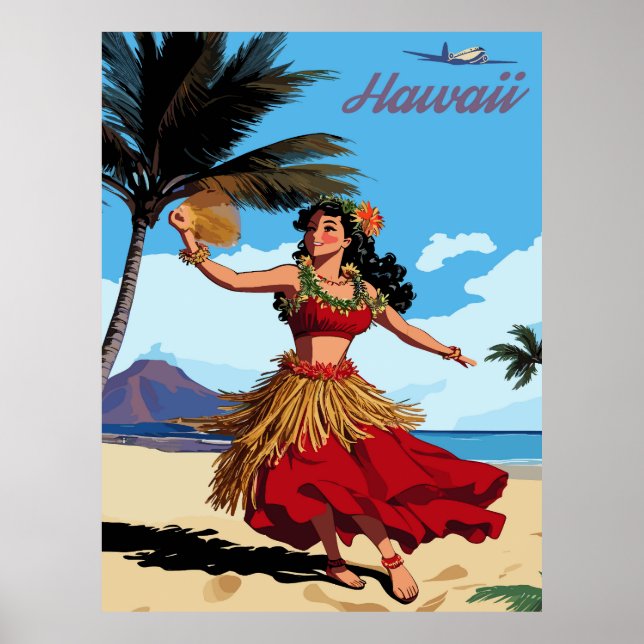 Póster Hawaii, Chica bailando Hula en la playa, viajes (Frente)