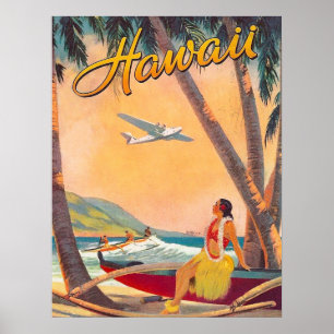 Póster Hawaii, chica hula en la costa tropical, aerolínea