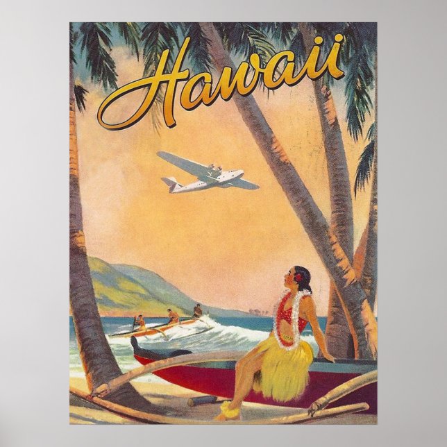 Póster Hawaii, chica hula en la costa tropical, aerolínea (Frente)
