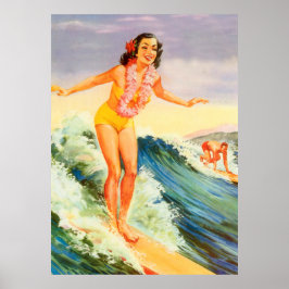 Póster Hawaii, chica surfista hawaiano en una gran ola, v