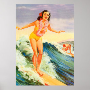 Póster Hawaii, chica surfista hawaiano en una gran ola, v