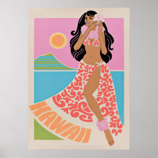 Póster Hawaii Hula Chica Retro Vintage Poster de Viajes