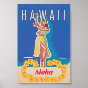 Póster Hawaii Hula Chica Vintage Poster de Viajes
