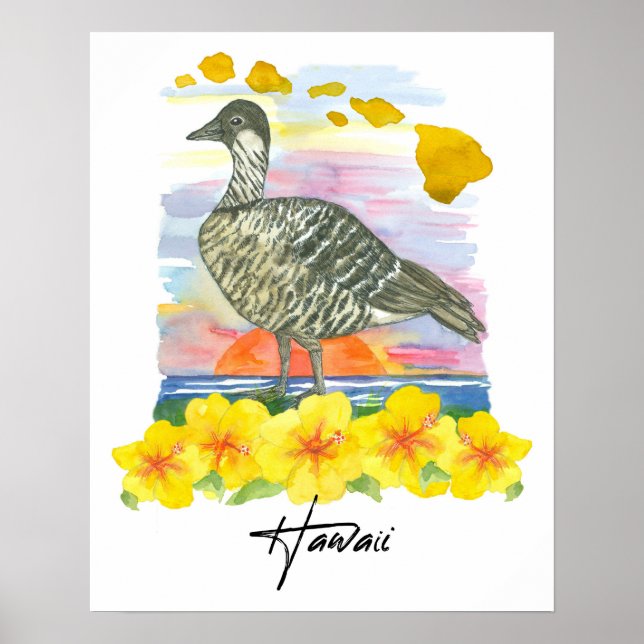 Póster Hawaii Islands State Bird Nene Sunset Ocean (Frente)
