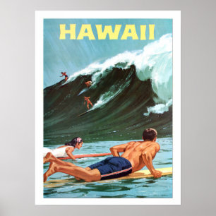 Póster Hawaii, practicando surf, onda grande, poster del