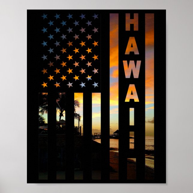 Póster Hawaii Sunset American Flag Honolulu Hawaiian Isla (Frente)