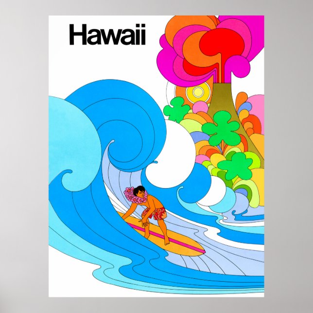 Póster Hawaii, surf en olas grandes, ilustracion de los s (Frente)