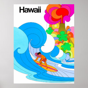 Póster Hawaii, Surfing en gran ola, ilustracion de los añ