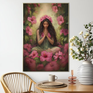 Póster Hawaiian Goddess Laka Pink Hibiscus Forest Art