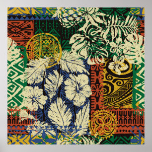 Póster Hawaiian tribal elements and hibiscus fabric patch