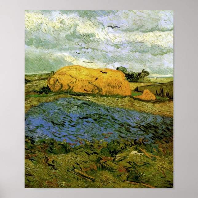 Póster Haystacks bajo el Bella Artes Rainy Sky Van Gogh (Frente)