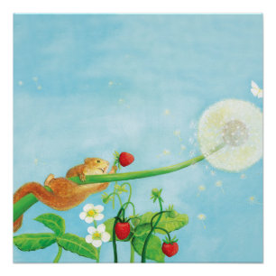 Póster Hazel Dormouse, fresas silvestres y puré de león