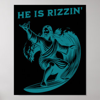 Póster He Is Rizzin Jesus Surfing Funny Retro Easter Vint