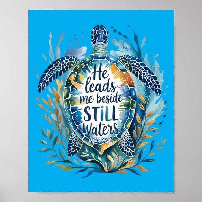 Póster He Leads Beside Waters Sea Turtle Psalm 23_2 Art (Frente)
