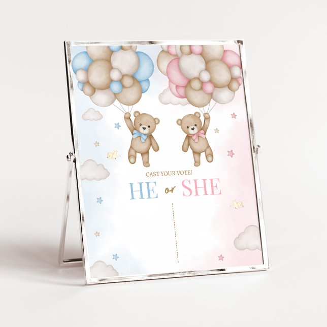 Póster He or She Bear Gender Reveal Sign (Bear Balloon He or She Gender Reveal He or She Sign)