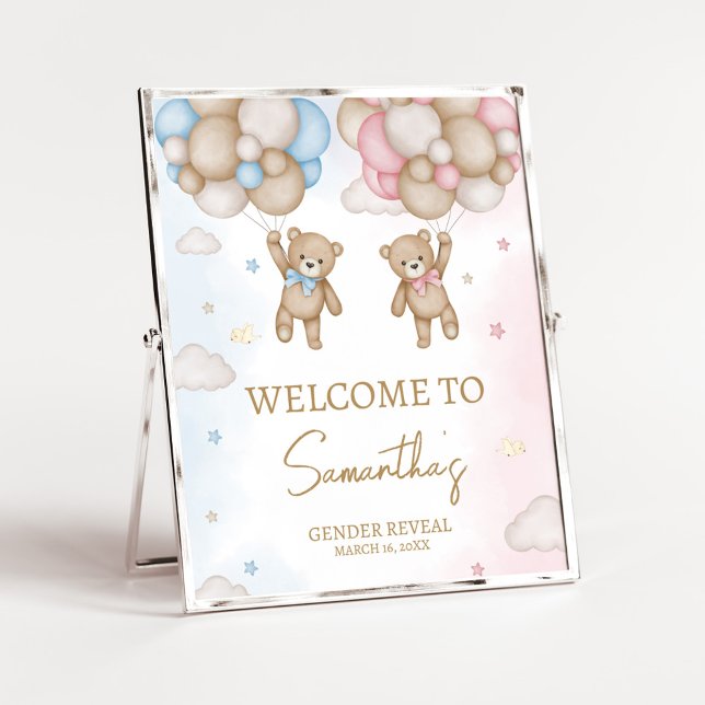 Póster He or She Bear Gender Reveal Welcome Sign (Bear Balloon He or She Gender Reveal Welcome Sign)