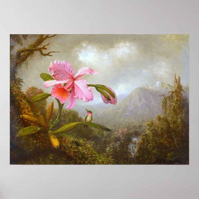 Póster Heade - Orquídea Y Colibrí Cerca De Una Cascada (Frente)