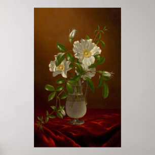 Póster Heade - Rosas Cherokee en un jarrón de vidrio
