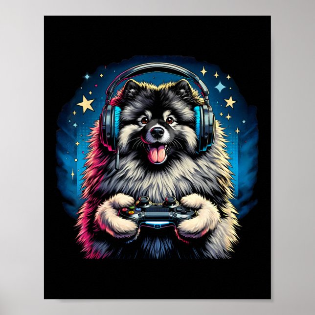 Póster Headphone Video Game Keeshond Dog Gaming  (Frente)
