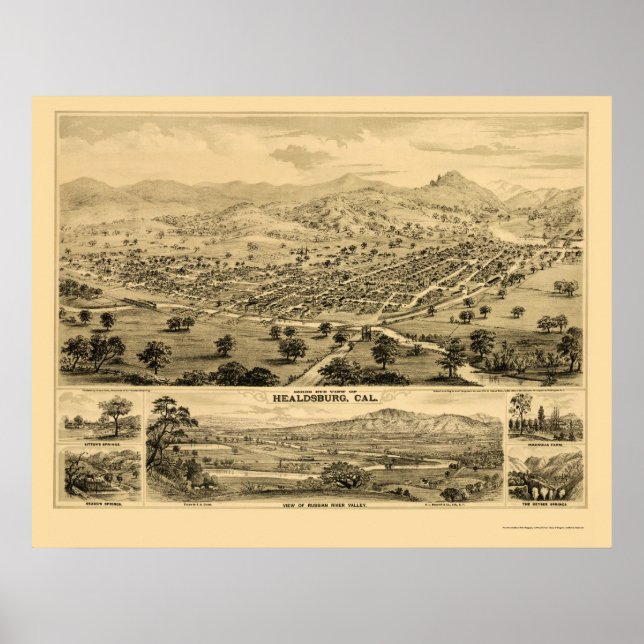 Póster Healdsburg, CA Panoramic Map - 1876 (Frente)