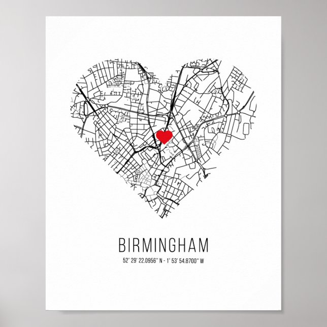 Póster Heart Birmingham City Map (Reino Unido) (Frente)