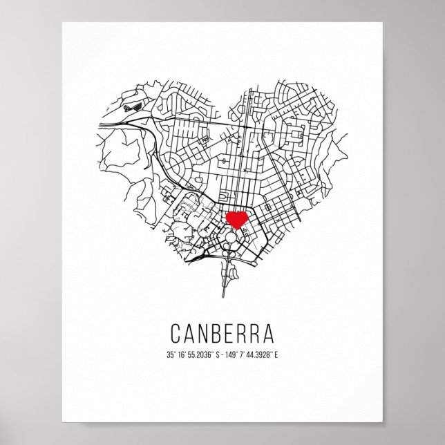 Póster Heart Canberra City Map (Australia) (Frente)