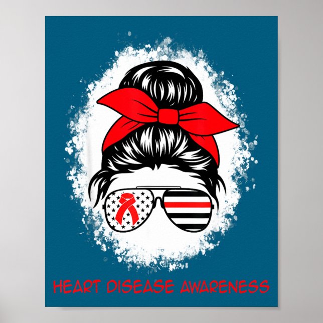 Póster Heart Disease Awareness Red Ribbon Heart Messy Bun (Frente)