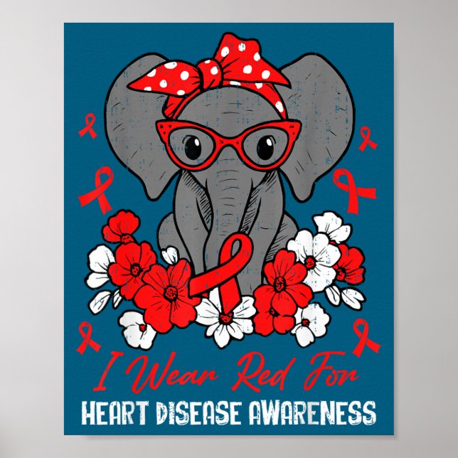 Póster Heart Health Elephant Red Ribbon Heart Disease Awa (Frente)