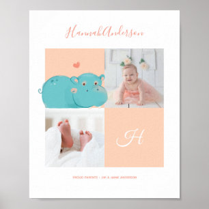 Póster Heart Hippo ・ Alphabet Monograma Cute Baby Shower