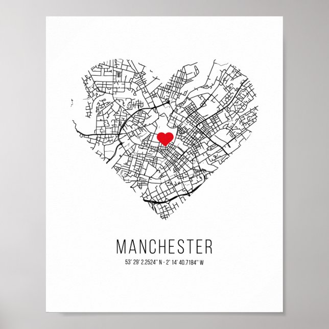 Póster Heart Manchester City Map (Reino Unido) (Frente)
