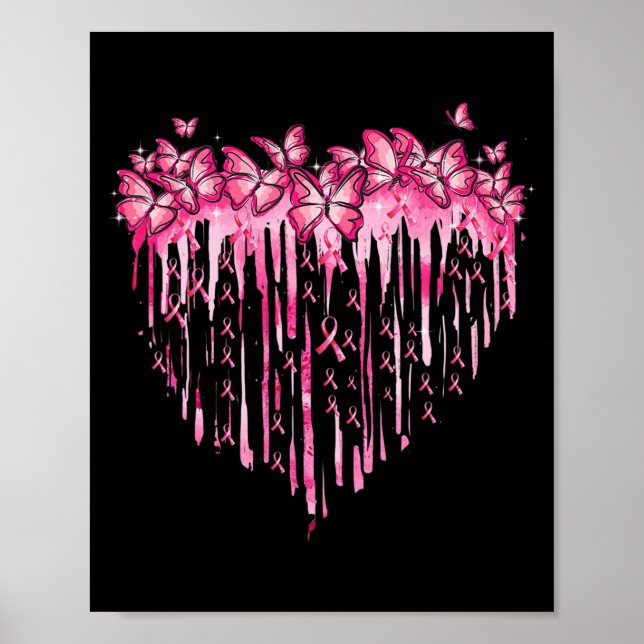 Póster Heart Pink Ribbon Butterflies Breast Cancer Awaren (Frente)