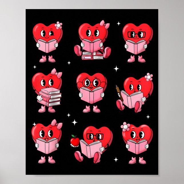 Póster Heart Reading Books Valentine Teacher Boy Girl Boo (Frente)